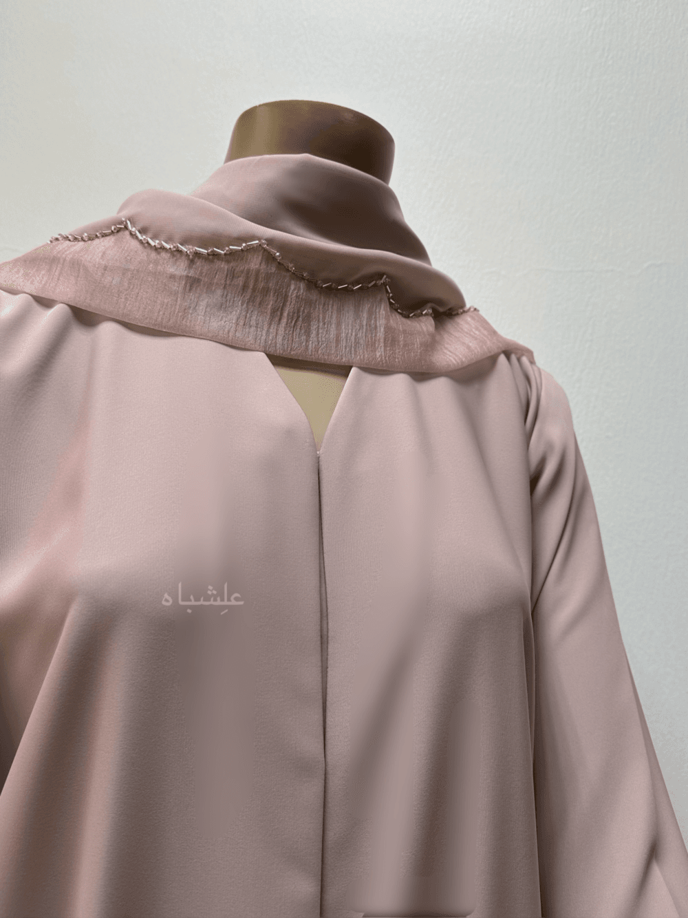 Abaya in pastel pink featuring delicate organza fabric and intricate tube work detailing. The Pastel Pink Abaya by Alishbah offers timeless elegance and sophistication, perfect for both formal events and everyday wear.