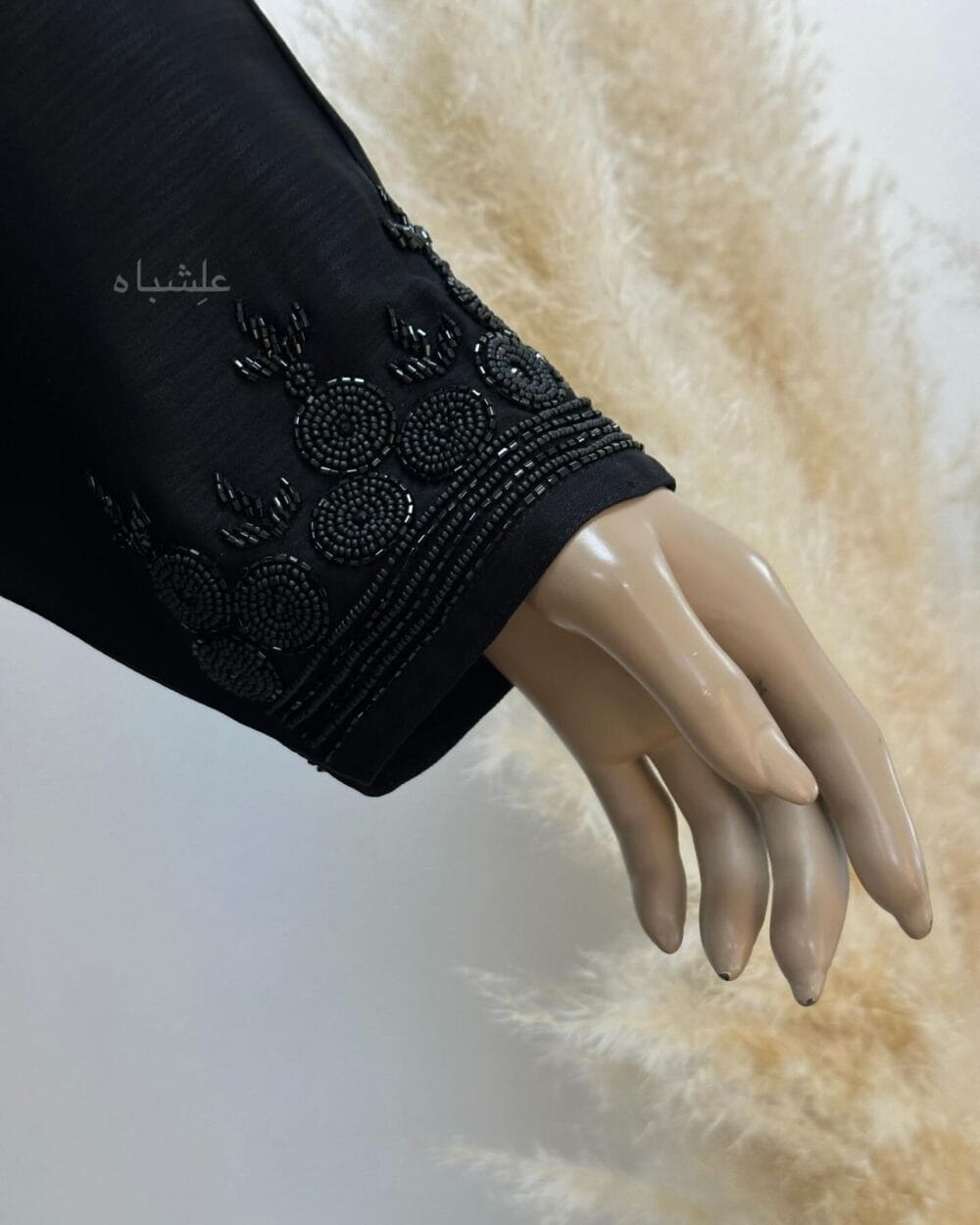 "Close-up of Tranquil Elegance Abaya from Alishbah, showcasing delicate handwork on Zoom New fabric."