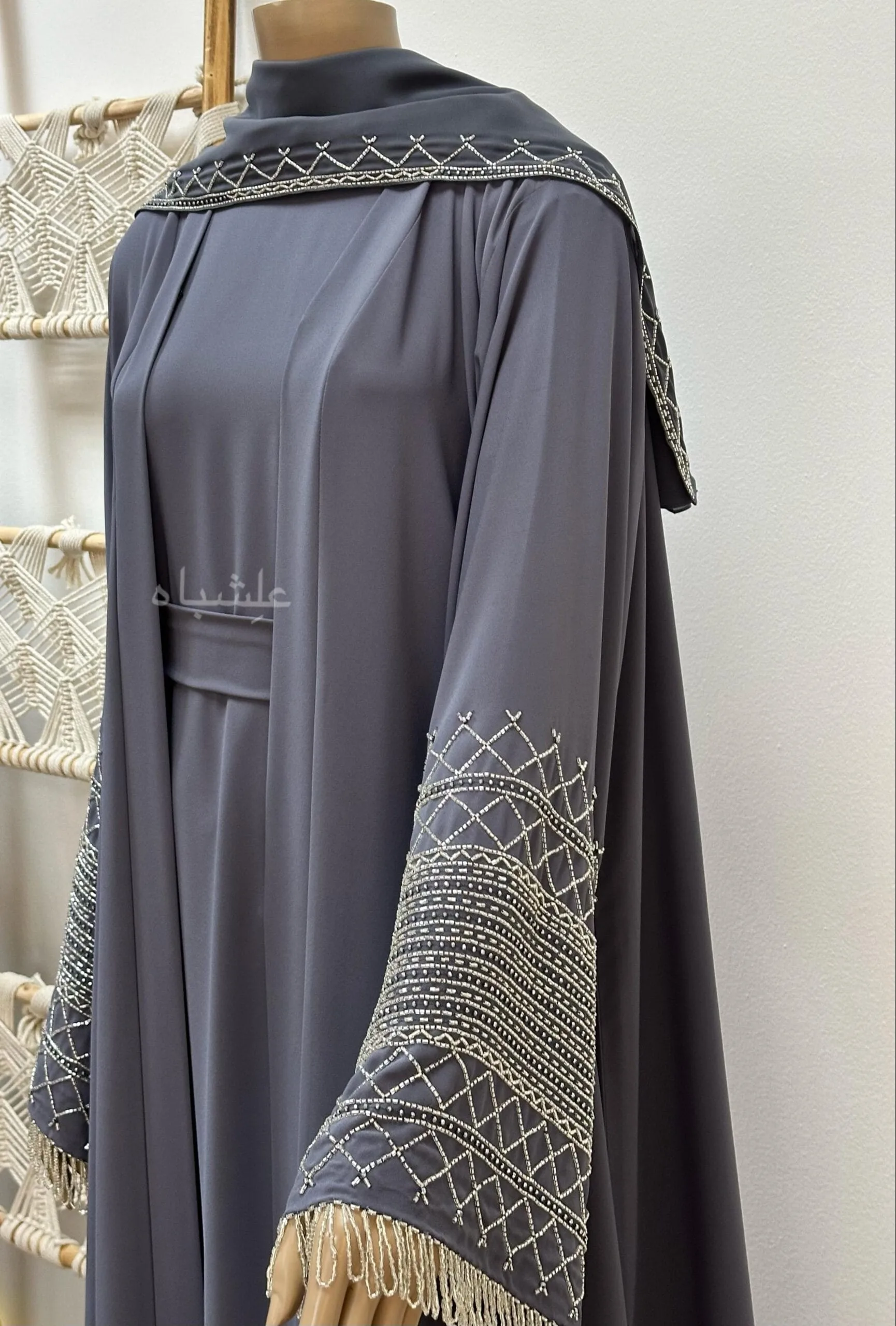 Abaya Nile Veil 3 “Blue Egyptian Crape Abaya with Intricate Handwork and Dangling Embellishments.”