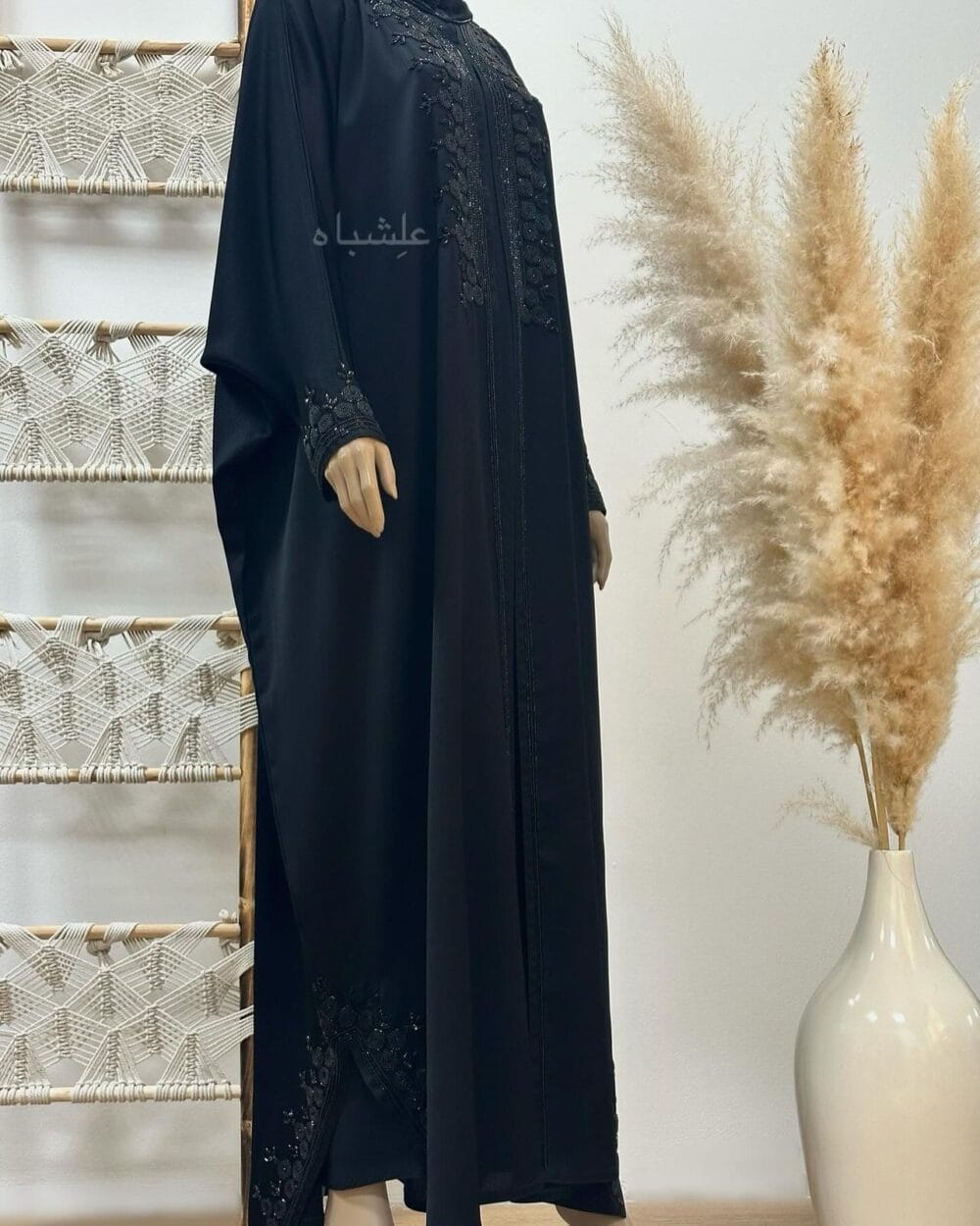 "Close-up of Tranquil Elegance Abaya from Alishbah, showcasing delicate handwork on Zoom New fabric."