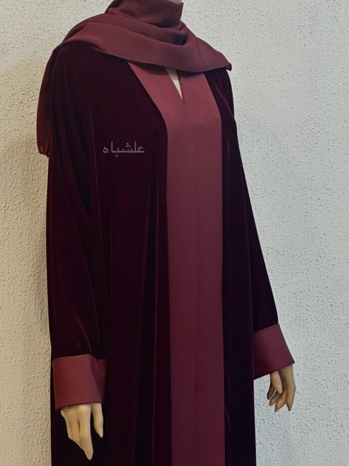 Front close-up view of red velvet abaya