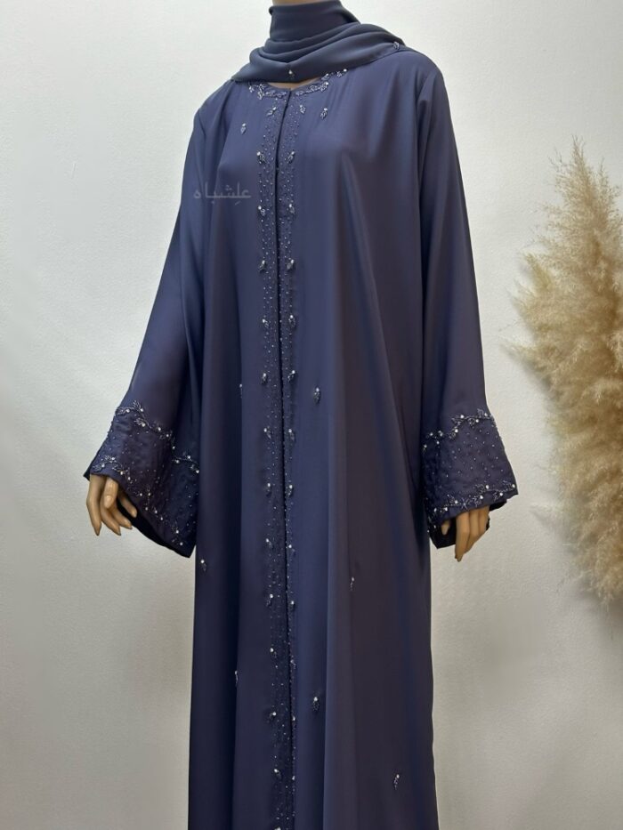 Front view of purple handwork abaya and sheila