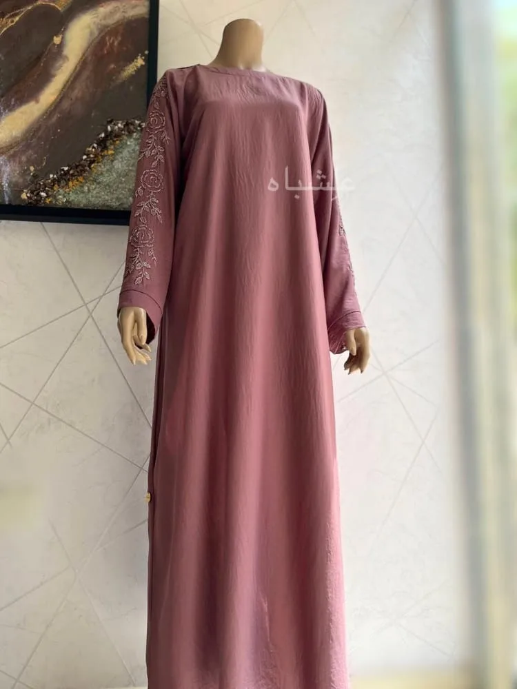 Rosette Bloom Abaya - A Stunning Hareer Fabric Creation by Alishbah 3 Front view of abaya without sheila