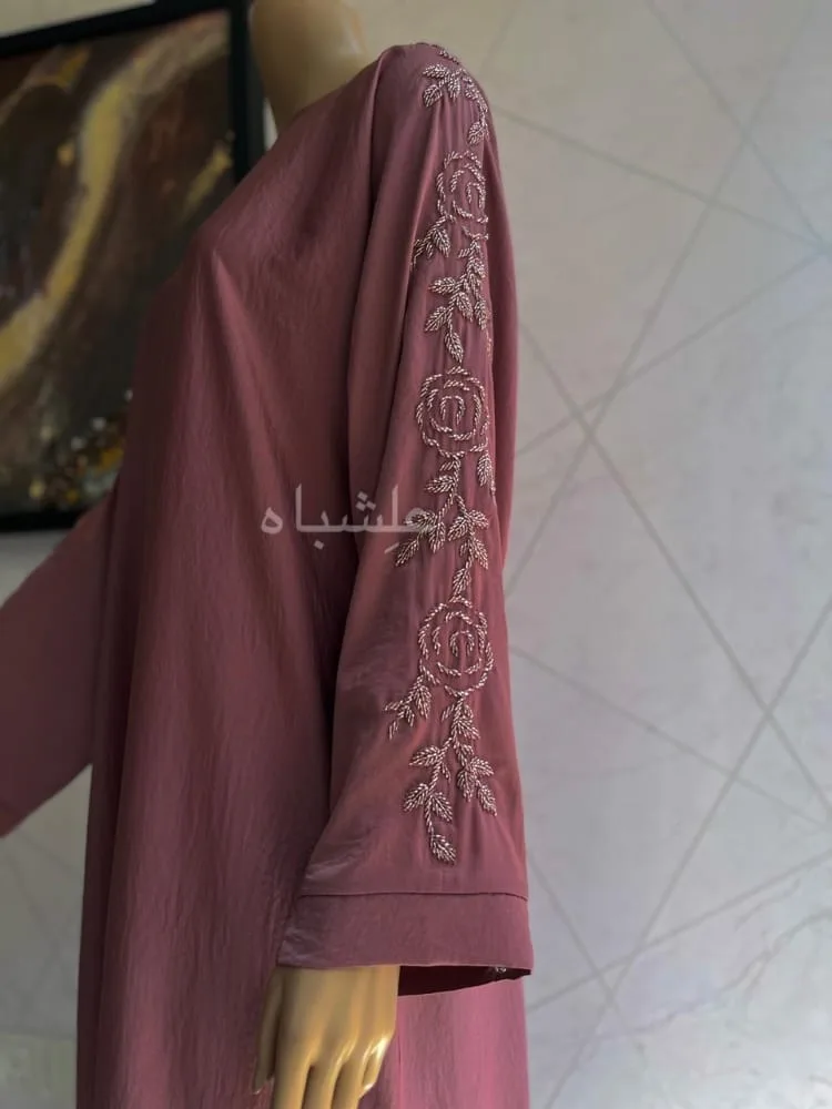 Rosette Bloom Abaya - A Stunning Hareer Fabric Creation by Alishbah 2 Side view of abaya showing the handwork on sleeves