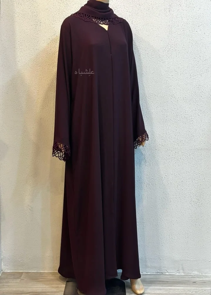 Midnight Lace Abaya by Alishbah 2 Front full view of abaya with sheila