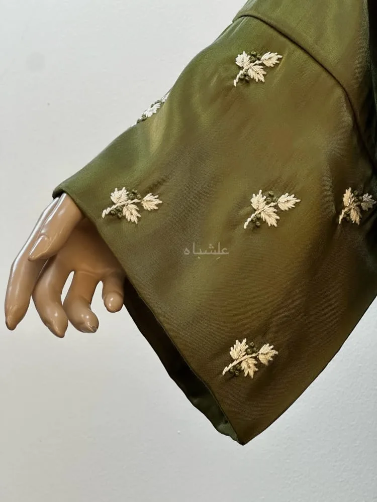 Verdant Charm Abaya | Alishbah Abaya 4 Close up view of embroidery on sleeves