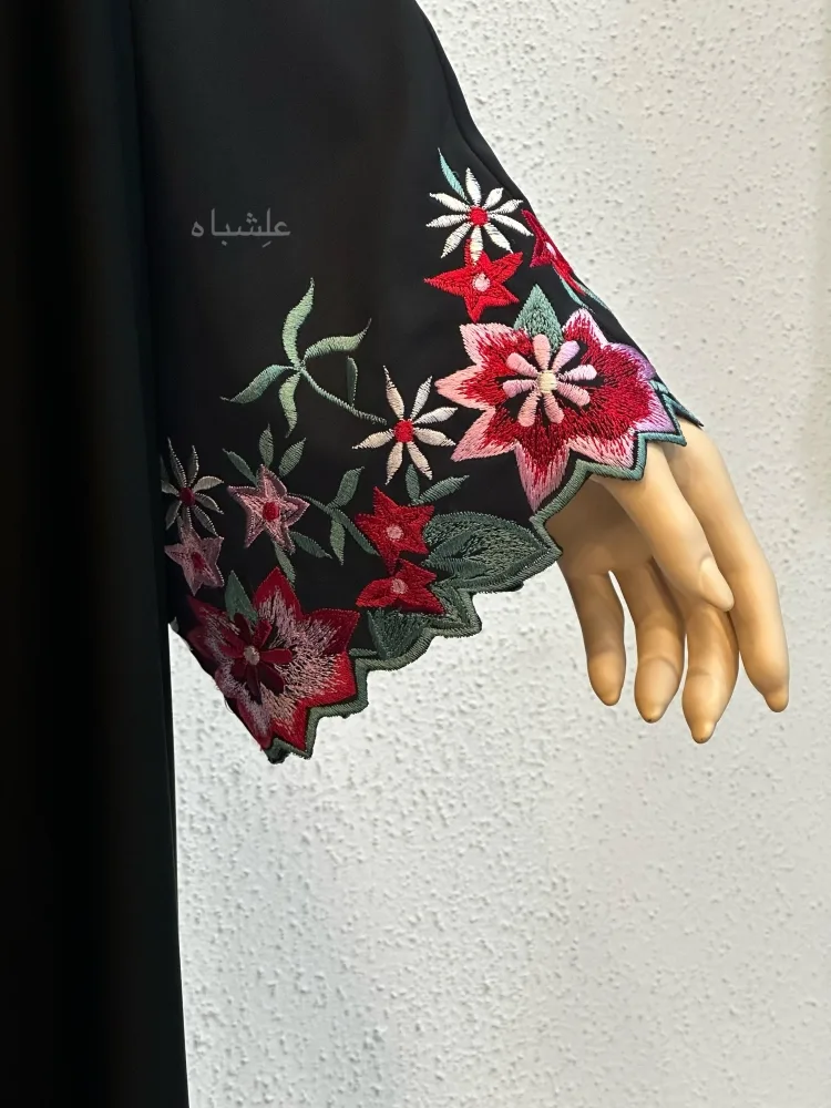 Embroidered Blossom Abaya – Alishbah Abaya 4 Close up view of sleeves showing the beautiful embroidery work on sleeves