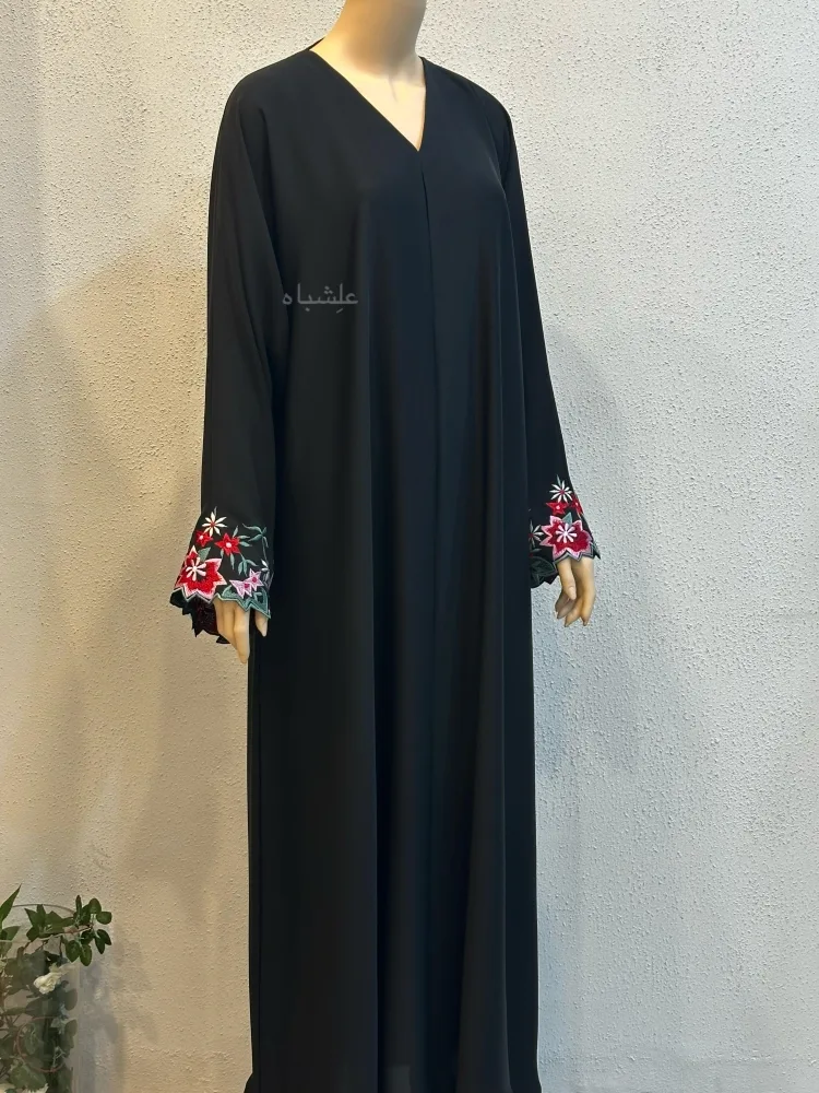 Embroidered Blossom Abaya – Alishbah Abaya 3 Front full view of abaya without sheila showing the embroidery on sleeves