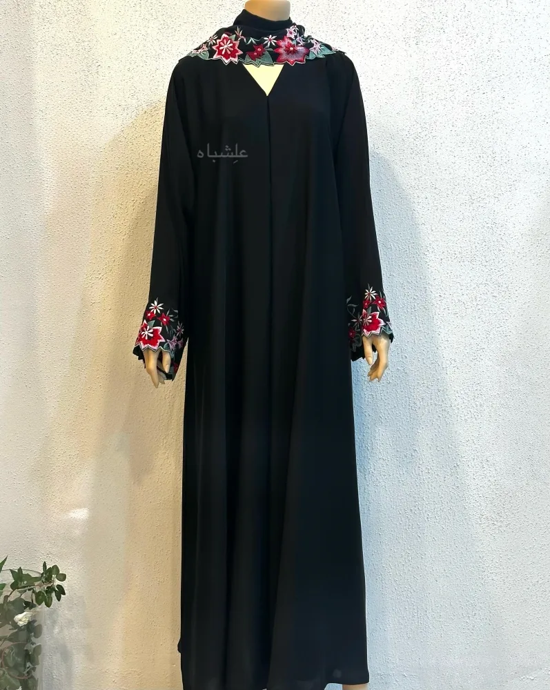 Embroidered Blossom Abaya – Alishbah Abaya 2 Front full view of abaya with sheila showing the embroidery on sheila and sleeves