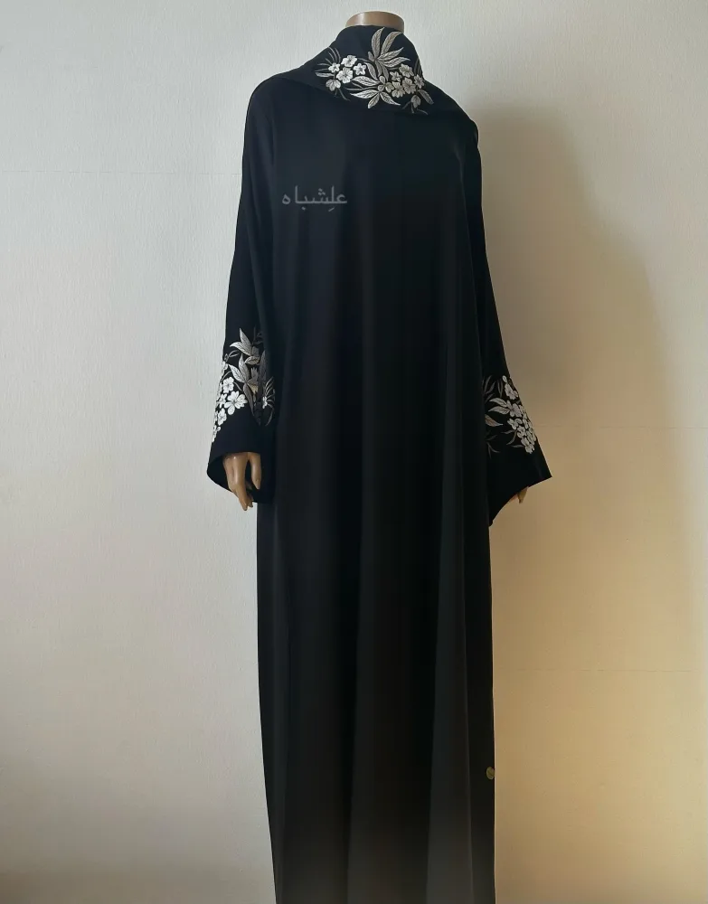 Floral Bloom Abaya - Alishbah 2 Front full view of abaya with embroidery on sleeves and sheila