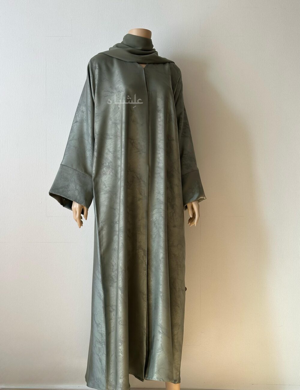 Full front view of green abaya with sheila