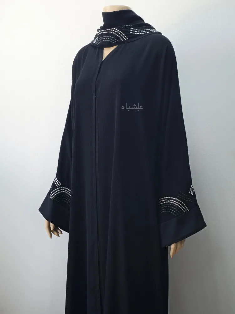Whisper Waves Abaya 1 Close up front view of abaya with sheila