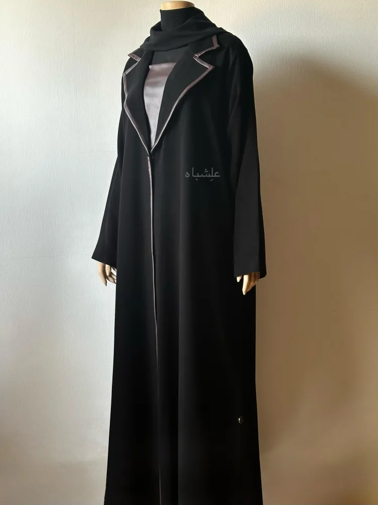 Oud Noir Coat Abaya 2 Front full view of abaya with sheila