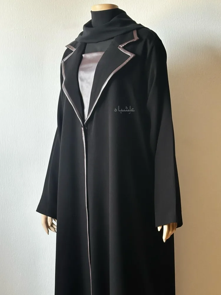 Oud Noir Coat Abaya 1 Front close ip view of abaya with sheila