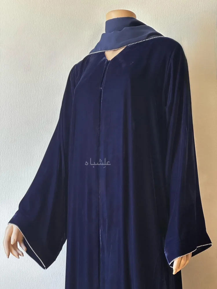 Velvet Pearl Abaya 1 Front close up view of abaya with sheila