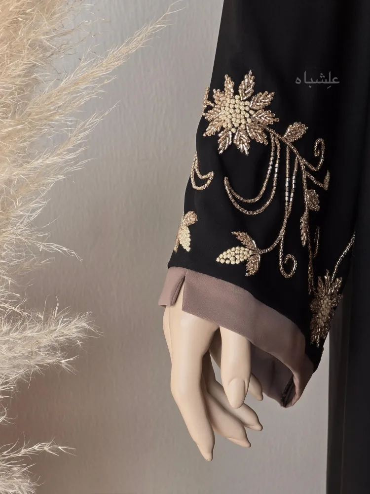 The Taupe Bloom – Black Abaya 4 Close up view of sleeves showing the handwork