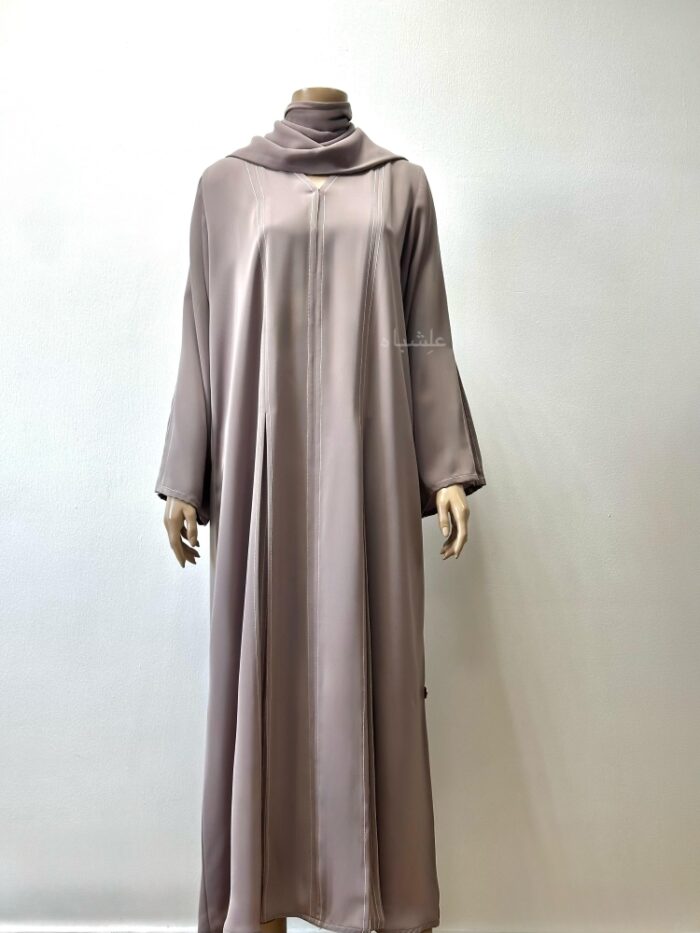 Front view of abaya with sheila showing the full pleat work on sleeves and abaya