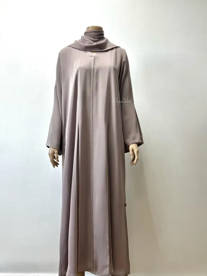 Front view of abaya with sheila showing the full pleat work on sleeves and abaya