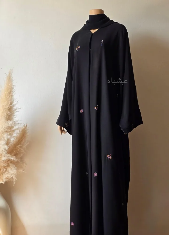 ๐ธ Petal Whisper โ Floral Handwork Abaya by Alishbah Abaya 6 Front view of abaya with sheila showing the full view of the abaya