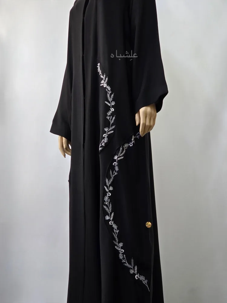 White Vine Thread by Alishbah Abaya 2 Side close up view of work on side