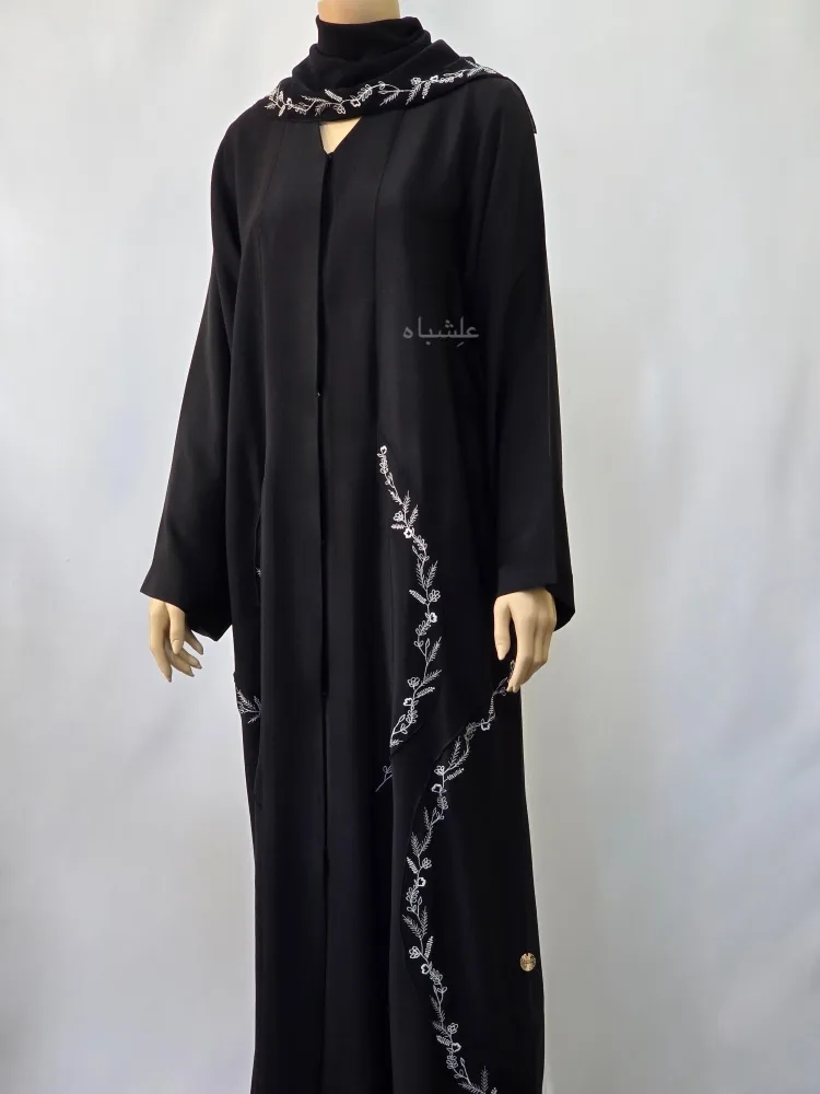 White Vine Thread by Alishbah Abaya 3 Front full view of abaya