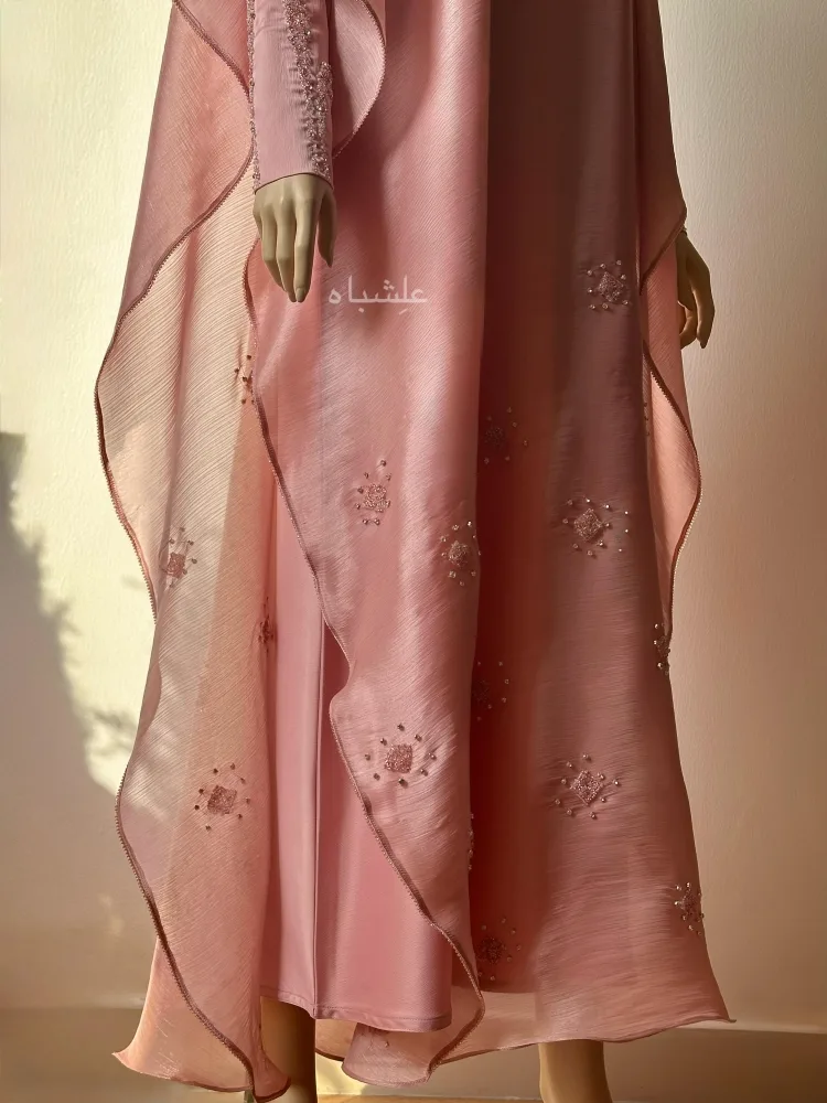 Roselight Cascade Abaya – Alishbah Abaya 3 Bottom view of abaya showing the squared work with handwork scattered all around