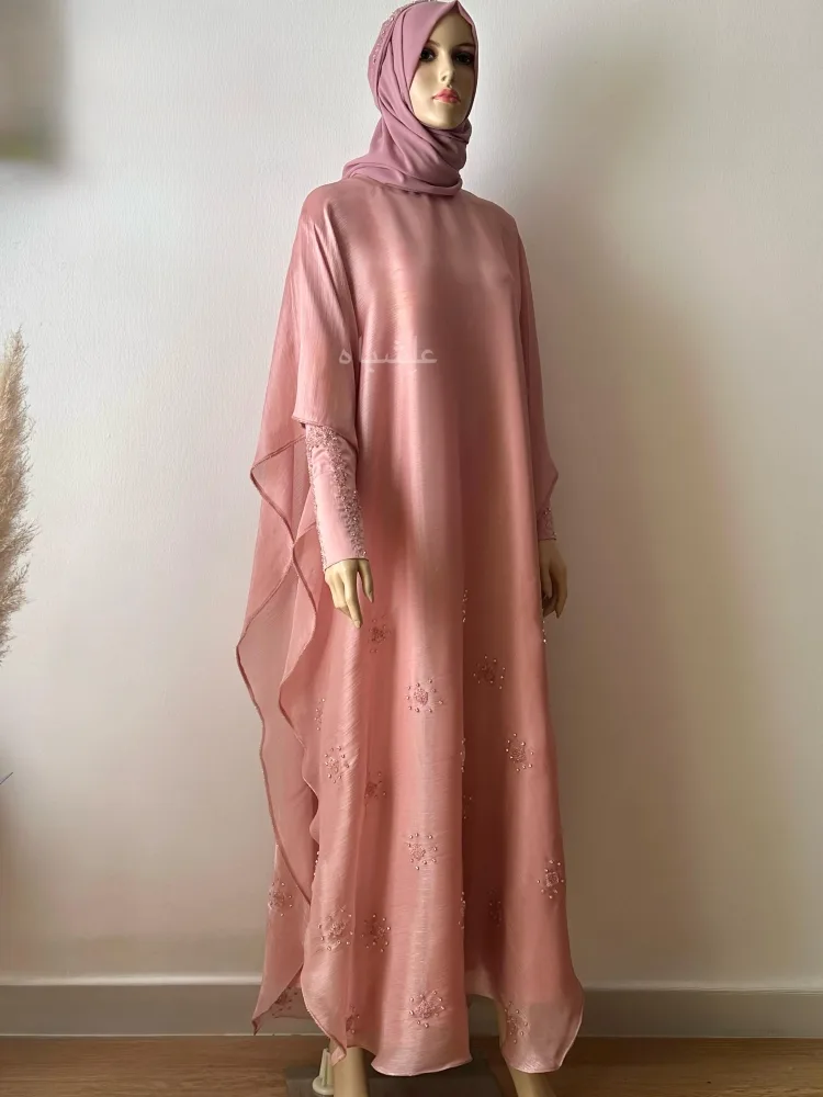 Roselight Cascade Abaya – Alishbah Abaya 7 Front full view of the abaya from a slightly distant angle showing the full beauty of the abaya and the cape