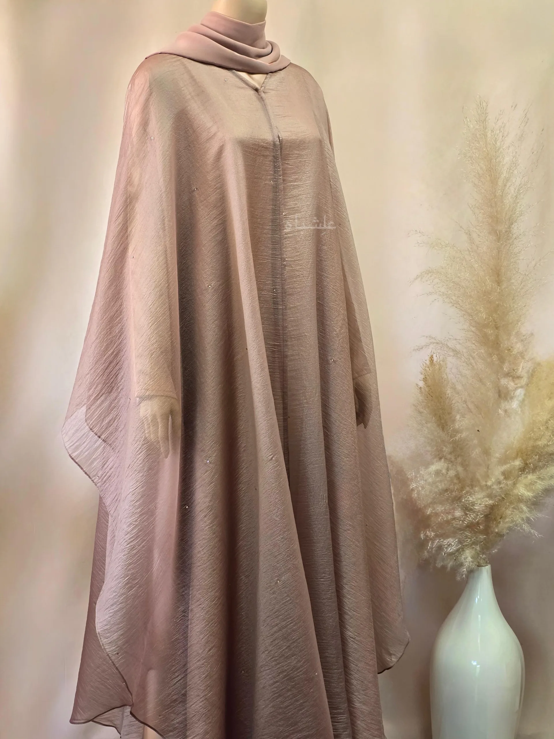 Soft Gleam Cape Abaya by Alishbah Abaya 1 Front full view of abaya with sheila