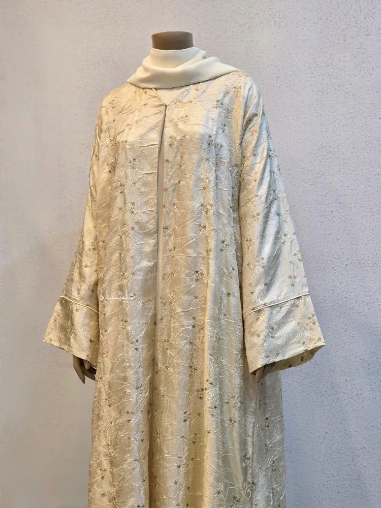 Garden of Layali – Champagne Gold Abaya by Alishbah 6 Front close up view of abaya with sheila