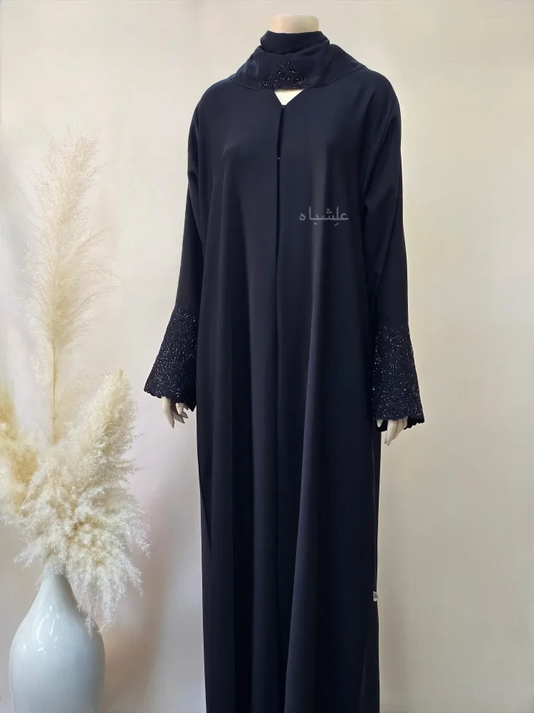 Layali Raqiqa Abaya– Where Night Blooms Softly 2 Front full view of abaya with sheila