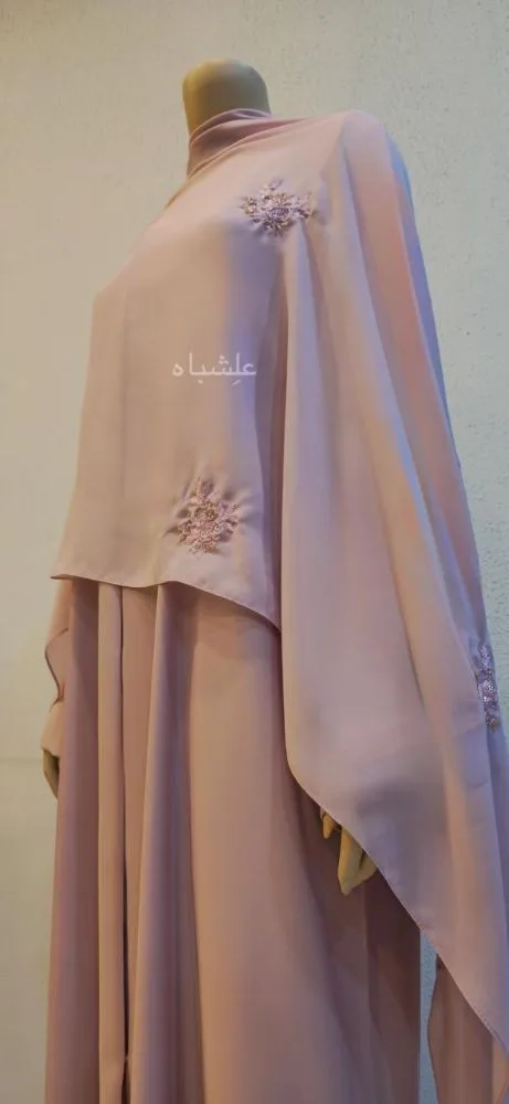 Blush Whisper — Nida Premium Abaya with Handworked Sheila 5 Front view of abaya with sheila spread all over the front showing the handwork