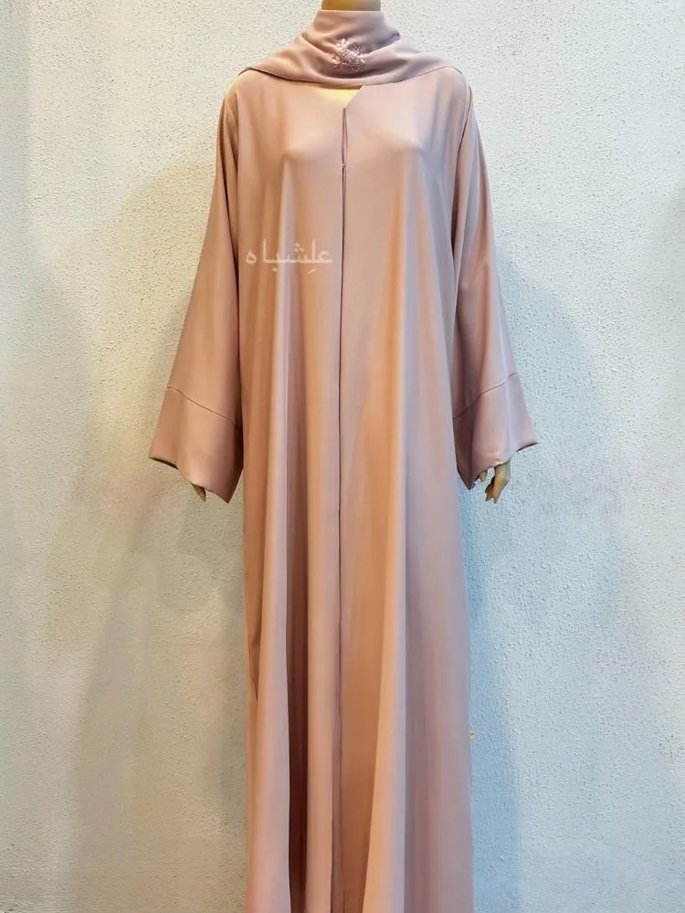 Blush Whisper — Nida Premium Abaya with Handworked Sheila 3 Front full view of abaya with sheila