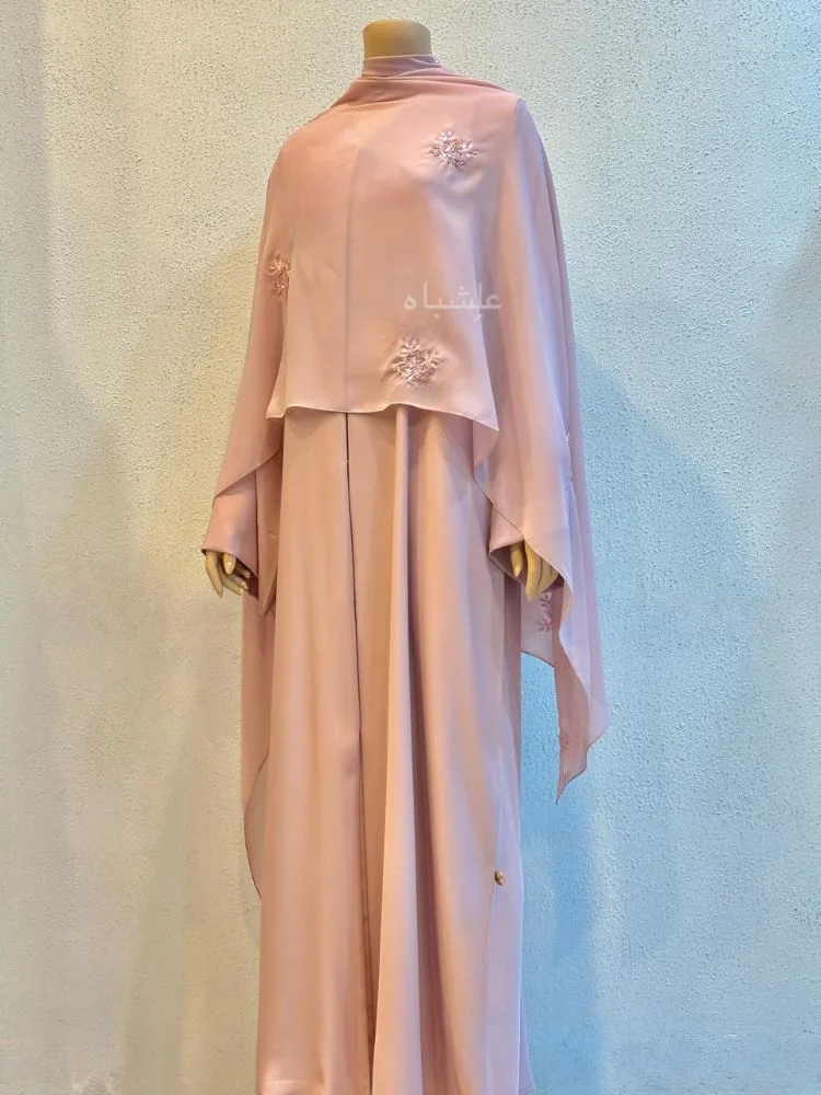 Blush Whisper — Nida Premium Abaya with Handworked Sheila 1 Front full view of te abaya with sheila spread all over