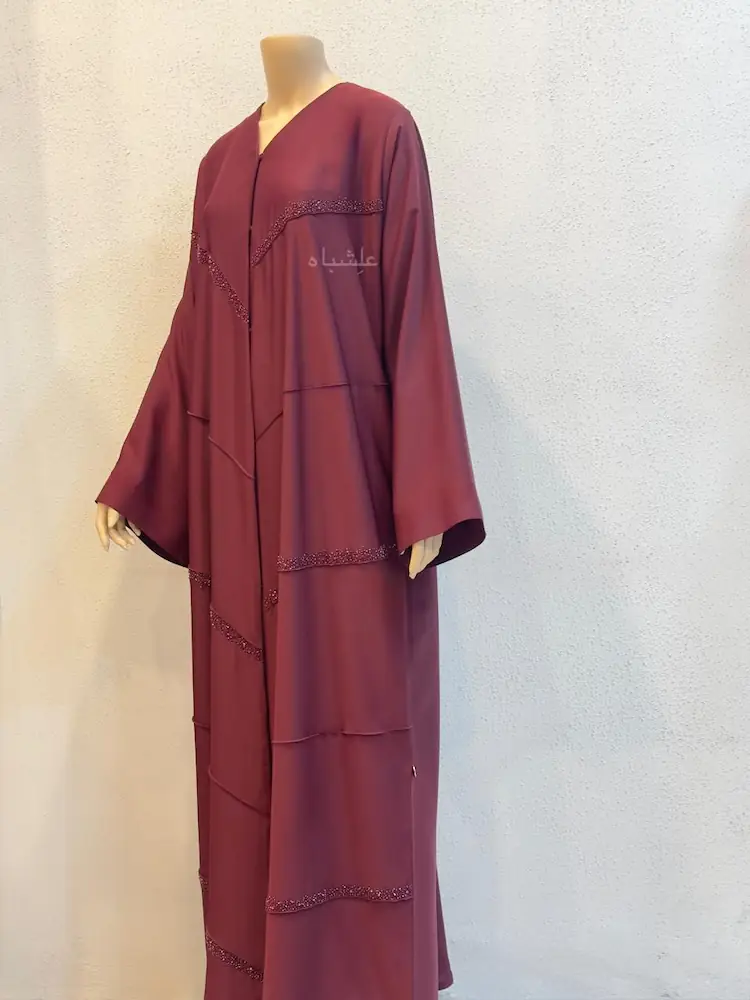 Velvet Maroon | Layered Nida Premium Beaded Abaya – Alishbah Abaya 3 premium maroon nida abaya side view