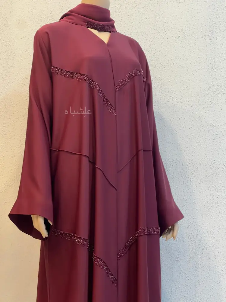 Velvet Maroon | Layered Nida Premium Beaded Abaya – Alishbah Abaya 2 maroon nida abaya modest wear front