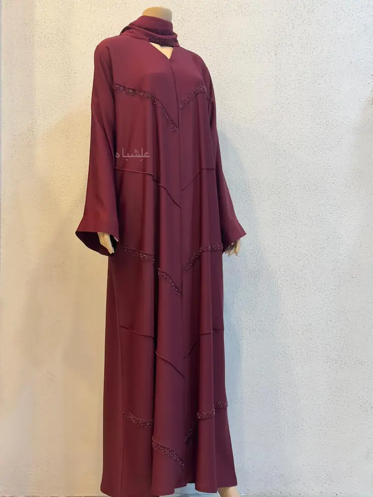 Velvet Maroon | Layered Nida Premium Beaded Abaya – Alishbah Abaya 5 layered maroon nida abaya full length