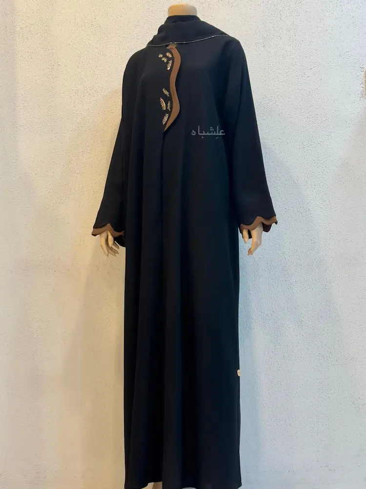 Mocha Wavefront Ajwa Abaya 2 Full view of abaya with sheila