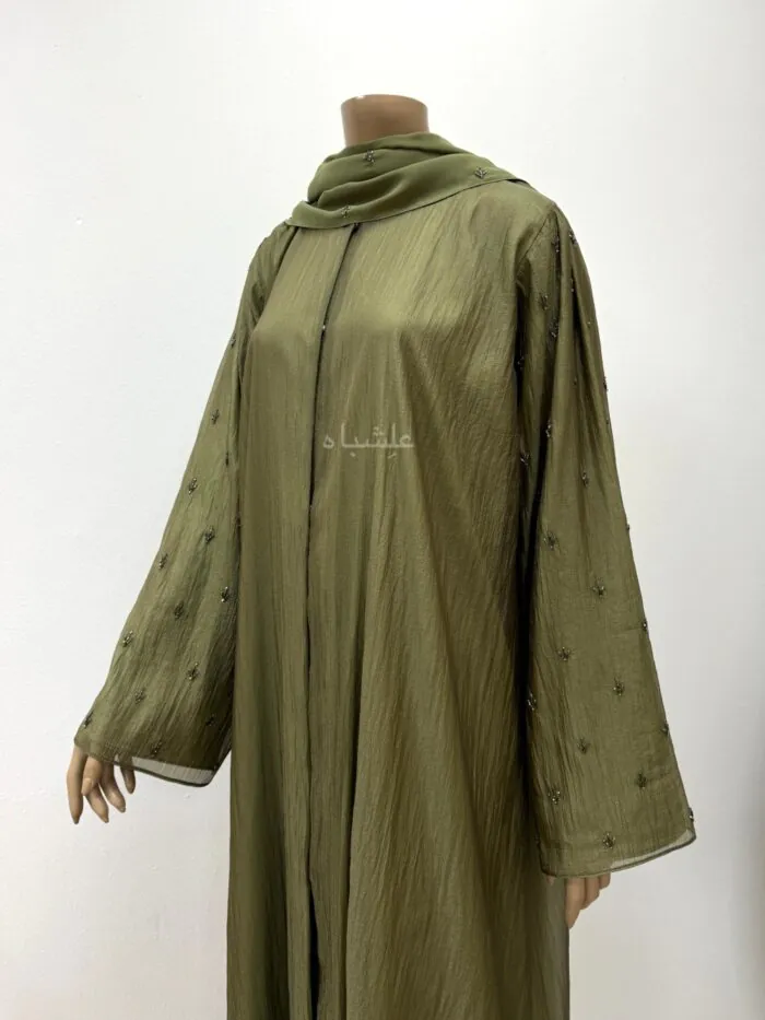 "Front view of a light olive-green Soft Organza Abaya by Alishbah, paired with a matching soft chiffon Sheila. The abaya features a Lausanne-style round neck, elegant shoulder pleats, and subtle sleeve embellishments. The Sheila drapes gracefully over the shoulders, complementing the abaya’s luxurious fabric and sophisticated design."