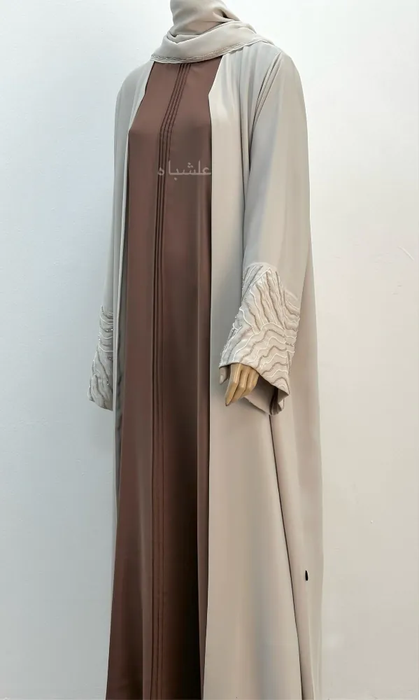 "Front full view of Radiant Harmony Abaya with sheila, showcasing two-tone design, pintuck details, and matching embellishments."